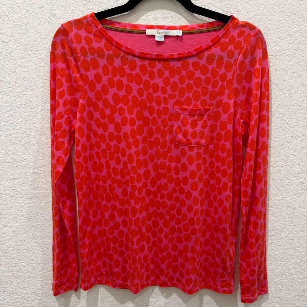 Boden Womens Pink Orange Polka Dot Long Sleeve Pocket Tee Size US 2